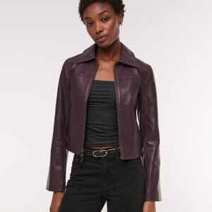 BNWT Abercrombie & Fitch Slim Zip Vegan Leather Jacket, Dark Burgundy, Small